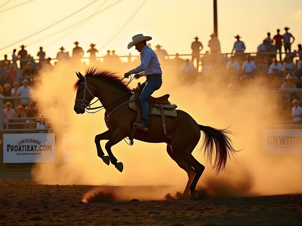 Dynamic rodeo action shot during Cheyenne Frontier Days with perfect golden hour lighting
