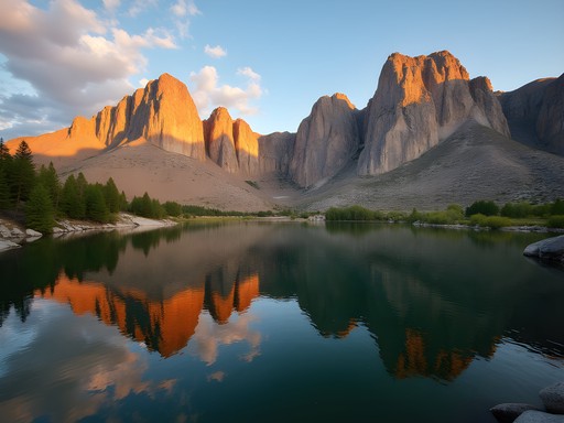 Sunset over Crystal Reservoir at Curt Gowdy State Park with dramatic rock formations