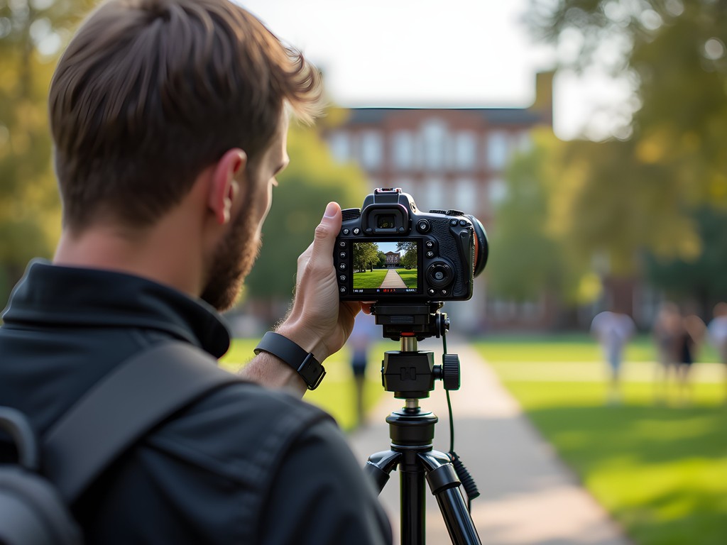 Photographer reviewing images on camera LCD screen at College Park location