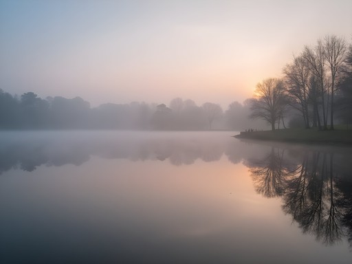 Lake Artemesia at sunrise with morning mist and tree reflections in still water