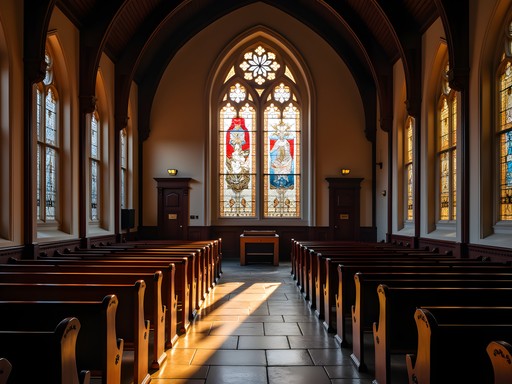 Interior of Memorial Chapel at University of Maryland showing stained glass window light patterns
