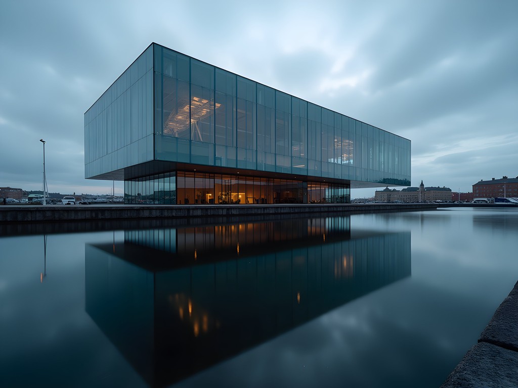 The Black Diamond Royal Library with perfect reflections in Copenhagen harbor