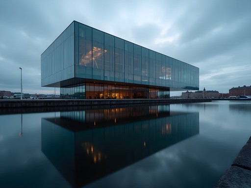 The Black Diamond Royal Library with perfect reflections in Copenhagen harbor