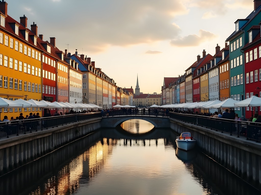 Sunset light on colorful buildings along Christianshavn canal in Copenhagen