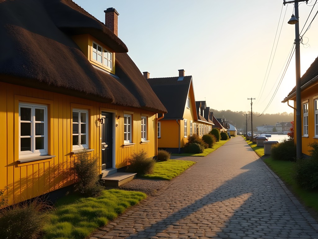 Yellow traditional houses with thatched roofs in the fishing village of Dragør near Copenhagen
