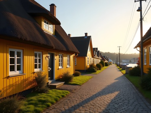 Yellow traditional houses with thatched roofs in the fishing village of Dragør near Copenhagen