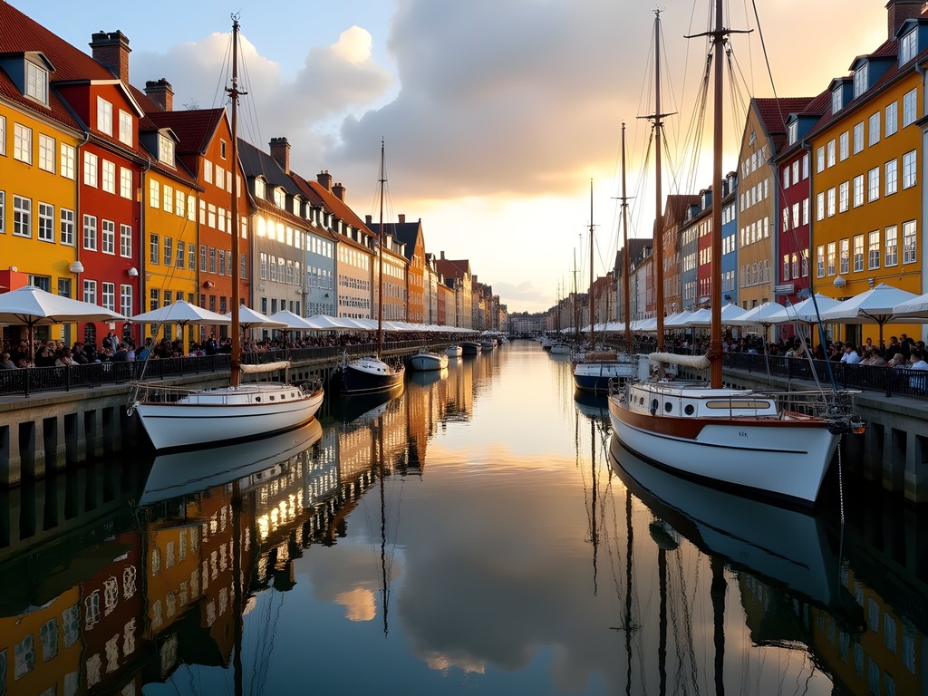 Sunrise at Nyhavn canal with colorful buildings reflecting in still water
