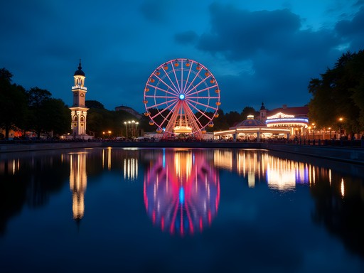 Night photography of illuminated Tivoli Gardens in Copenhagen with vintage lights reflecting in lake