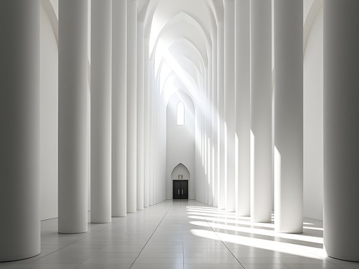 Dramatic white interior of Grundtvig's Church in Copenhagen with soaring columns and geometric patterns