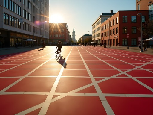 Vibrant red square at Superkilen urban park with geometric patterns and architecture