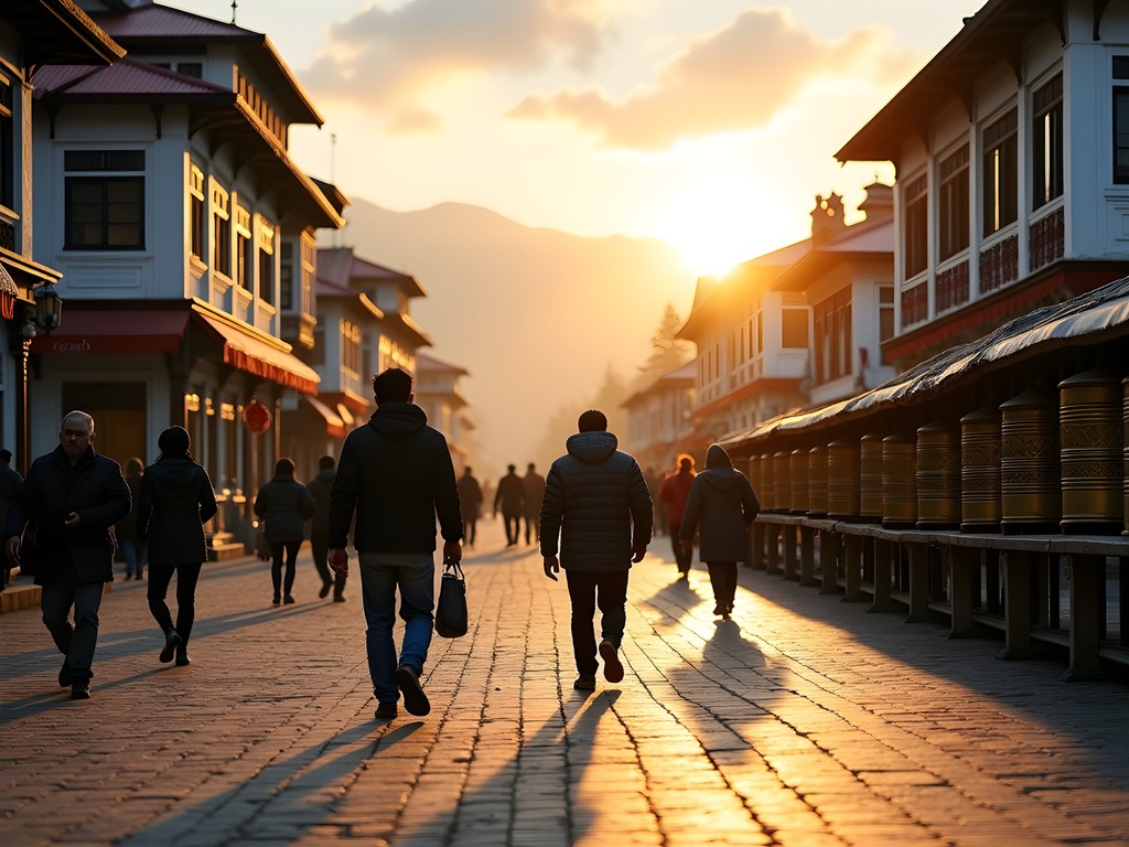 Photographer capturing evening light on Darjeeling's Mall Road with mountains visible in background