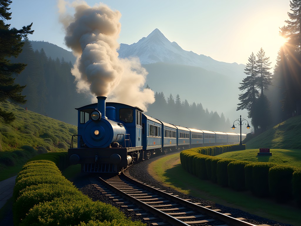 Historic Darjeeling Himalayan Railway toy train rounding Batasia Loop with Kanchenjunga mountains in background