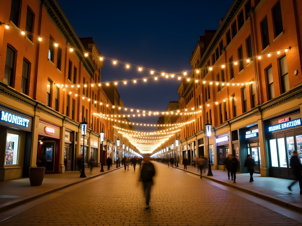 Historic Larimer Square in Denver at night with overhead string lights illuminating Victorian buildings