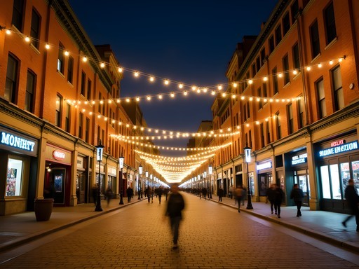 Historic Larimer Square in Denver at night with overhead string lights illuminating Victorian buildings
