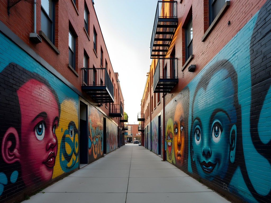 Colorful street art murals in RiNo Art District alleyway with industrial urban elements