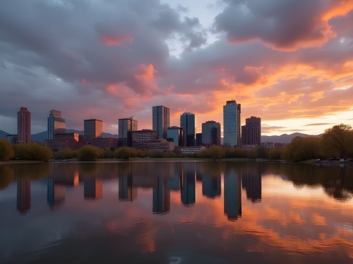 Denver skyline reflected in Sloan's Lake at sunset with Rocky Mountains in background
