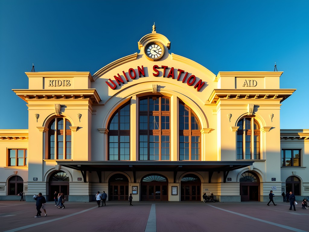 Historic Denver Union Station façade bathed in warm golden hour light with travelers passing by