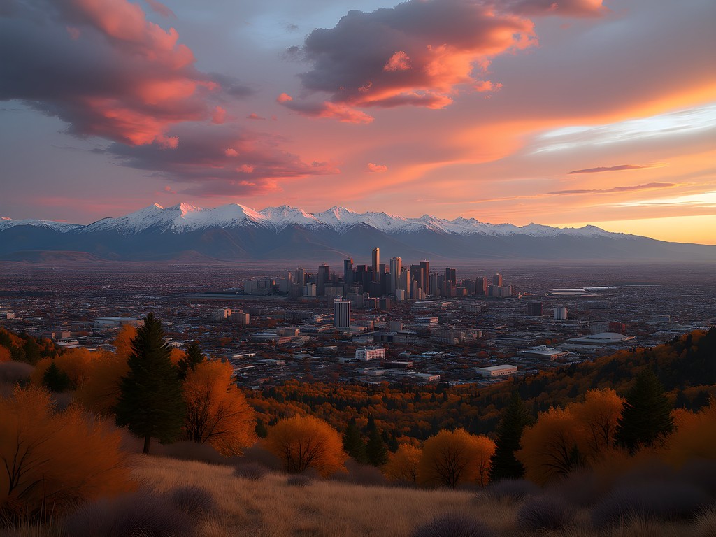 Sunrise view of Denver skyline with Rocky Mountains in background from Lookout Mountain