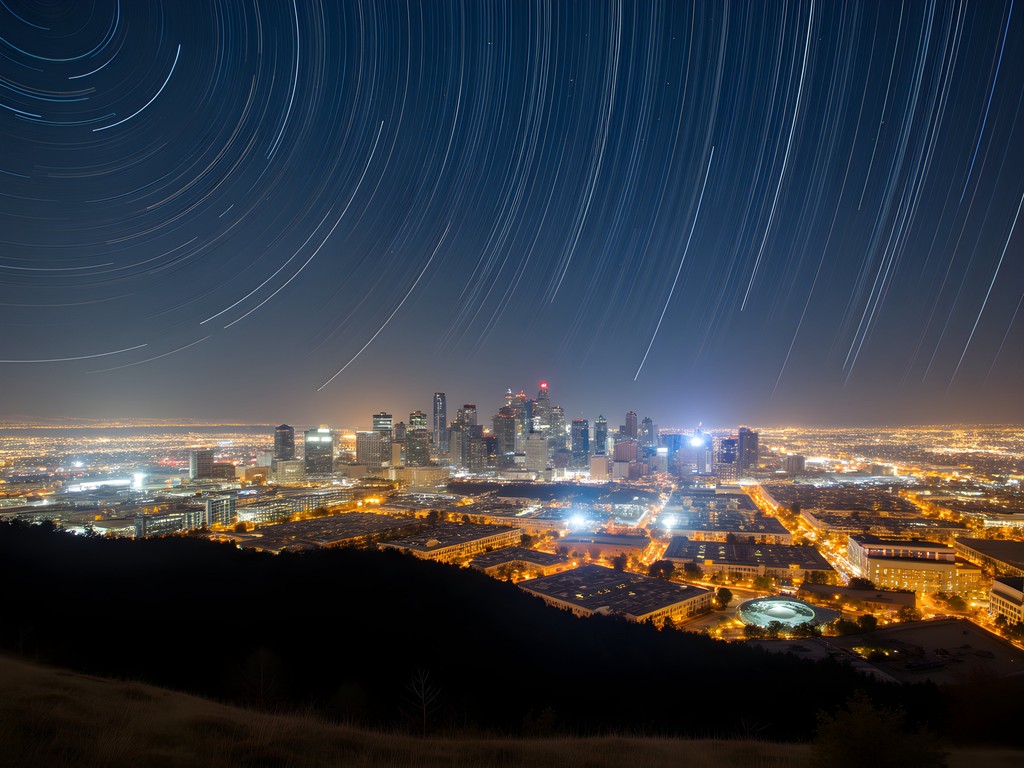 Denver city lights at night with star trails overhead, shot from Lookout Mountain