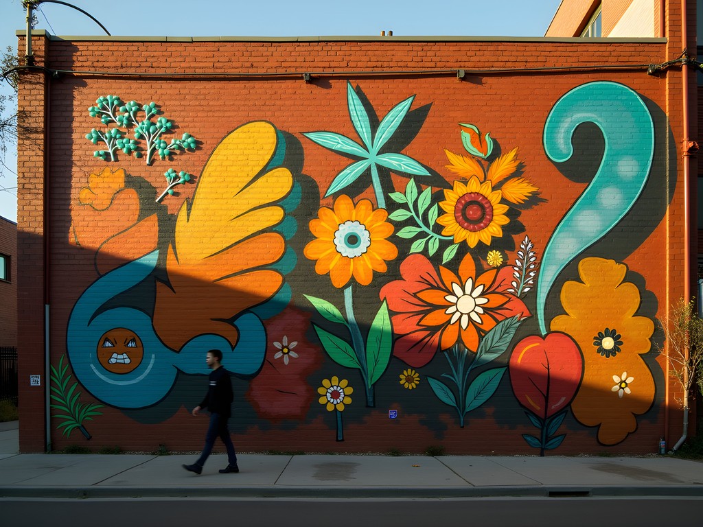 Colorful street art mural in RiNo district with person walking past for scale