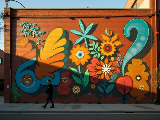 Colorful street art mural in RiNo district with person walking past for scale