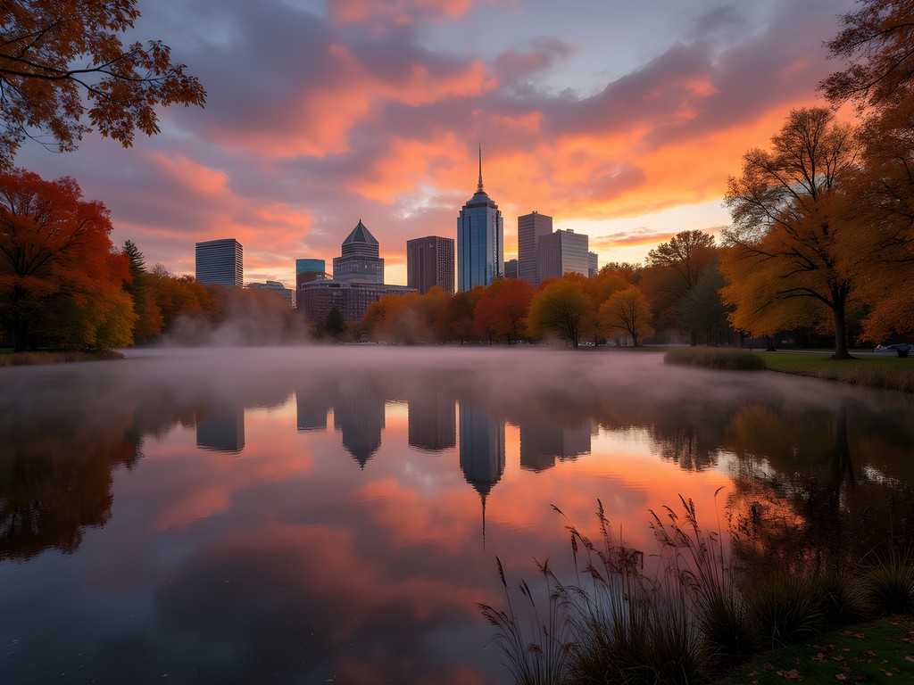 Fall foliage reflected in Washington Park lake at sunrise with Denver skyline visible