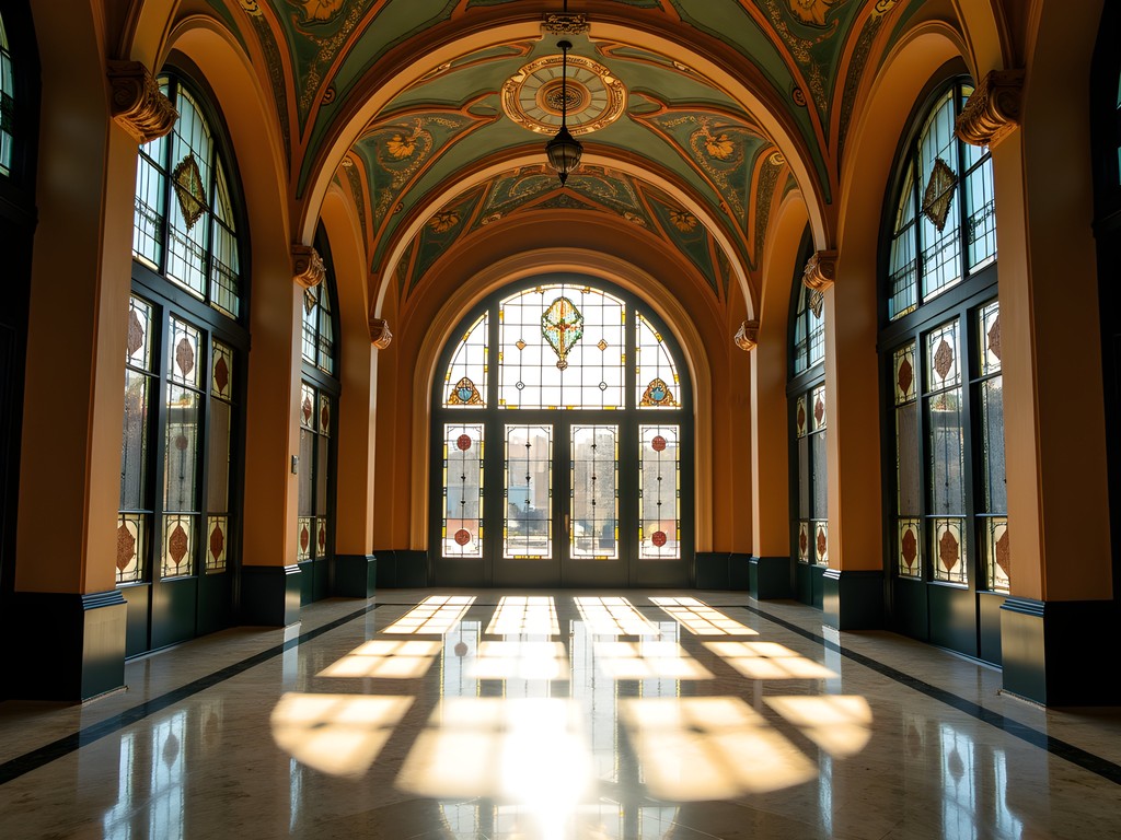 Sunlight streaming through stained glass windows in Detroit's Guardian Building art deco interior