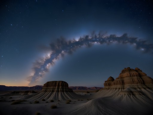 Milky Way galaxy arching over illuminated badlands formation at night