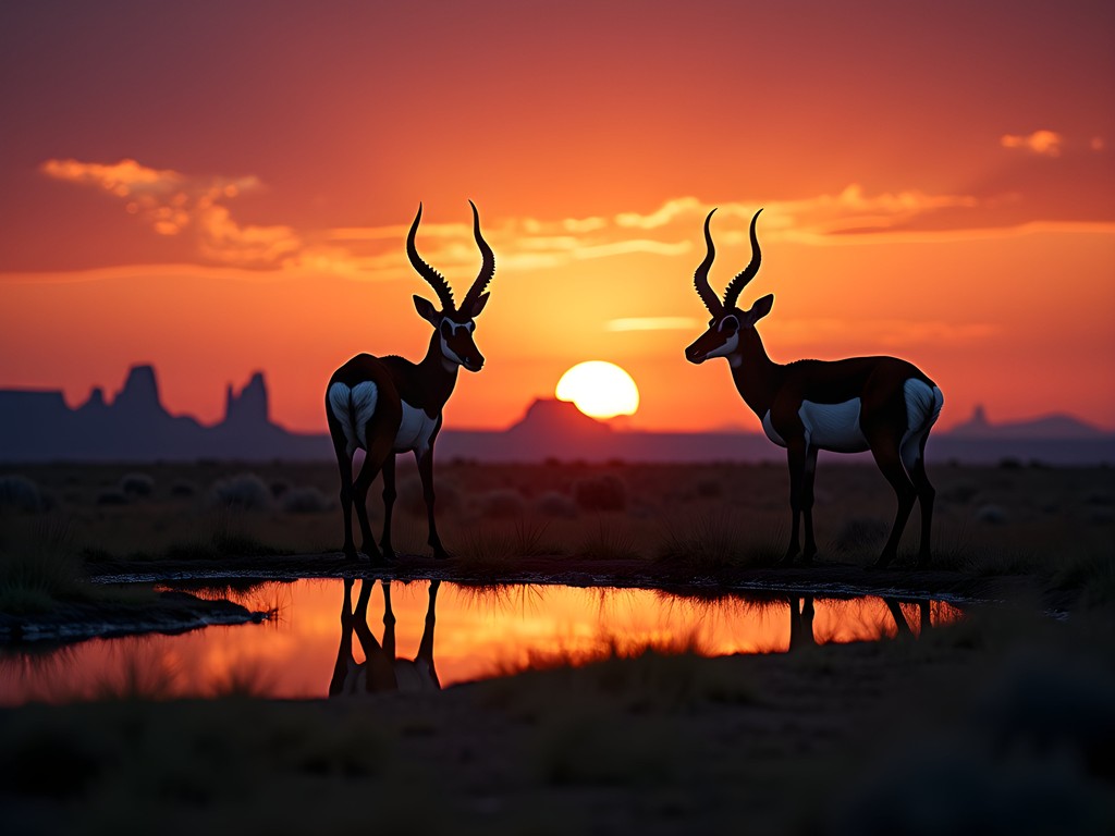 Pronghorn antelope silhouetted against dramatic Badlands sunset