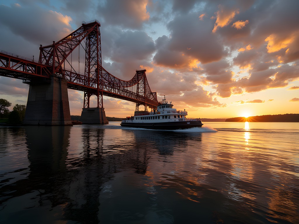 Duluth's Aerial Lift Bridge glowing golden at sunset with a 1000-foot ore boat passing through