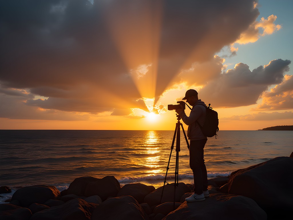 Photographer capturing Lake Superior's dramatic sunset light from lakeside rocks