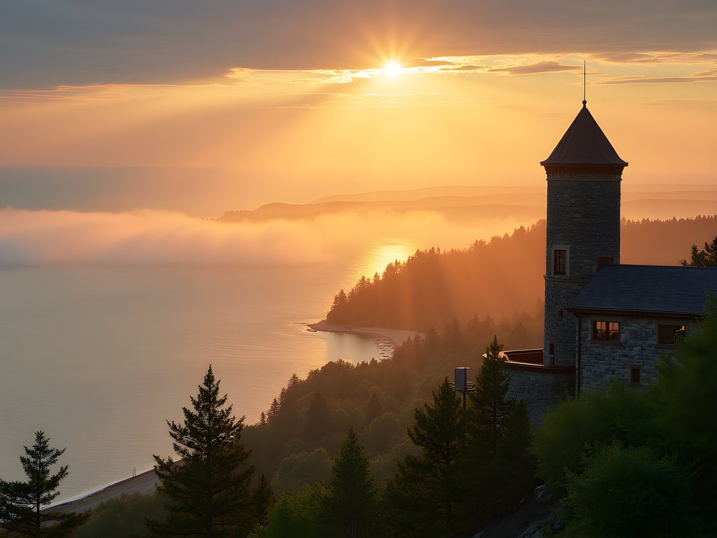 Morning fog rolling across Duluth harbor viewed from Enger Tower lookout