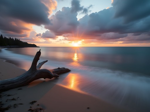 Minimalist long exposure of Park Point shoreline with smooth water and dramatic sky