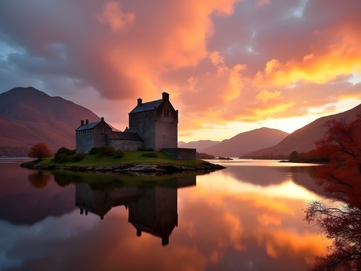 Eilean Donan Castle at sunset with perfect reflection in still waters and dramatic clouds overhead