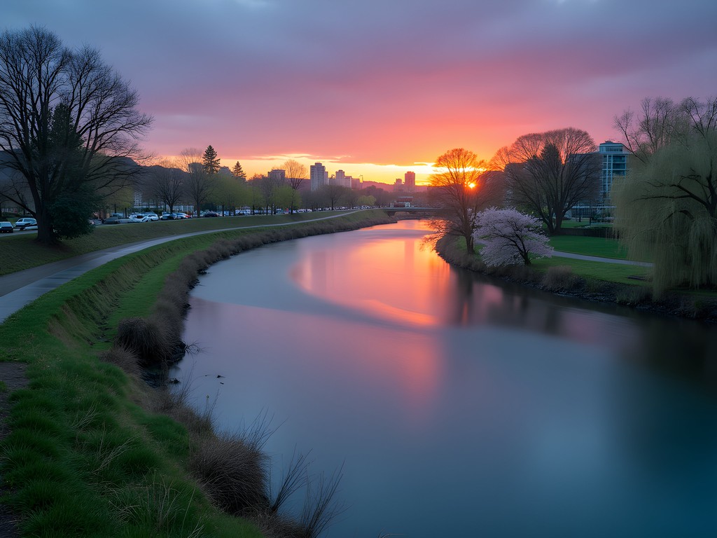 Long exposure photograph of Willamette River at sunset with Eugene skyline