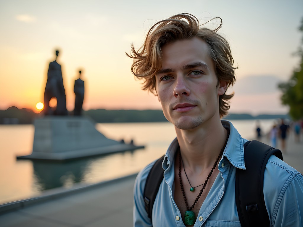 Photographer capturing Four Freedoms Monument at Evansville riverfront during sunset