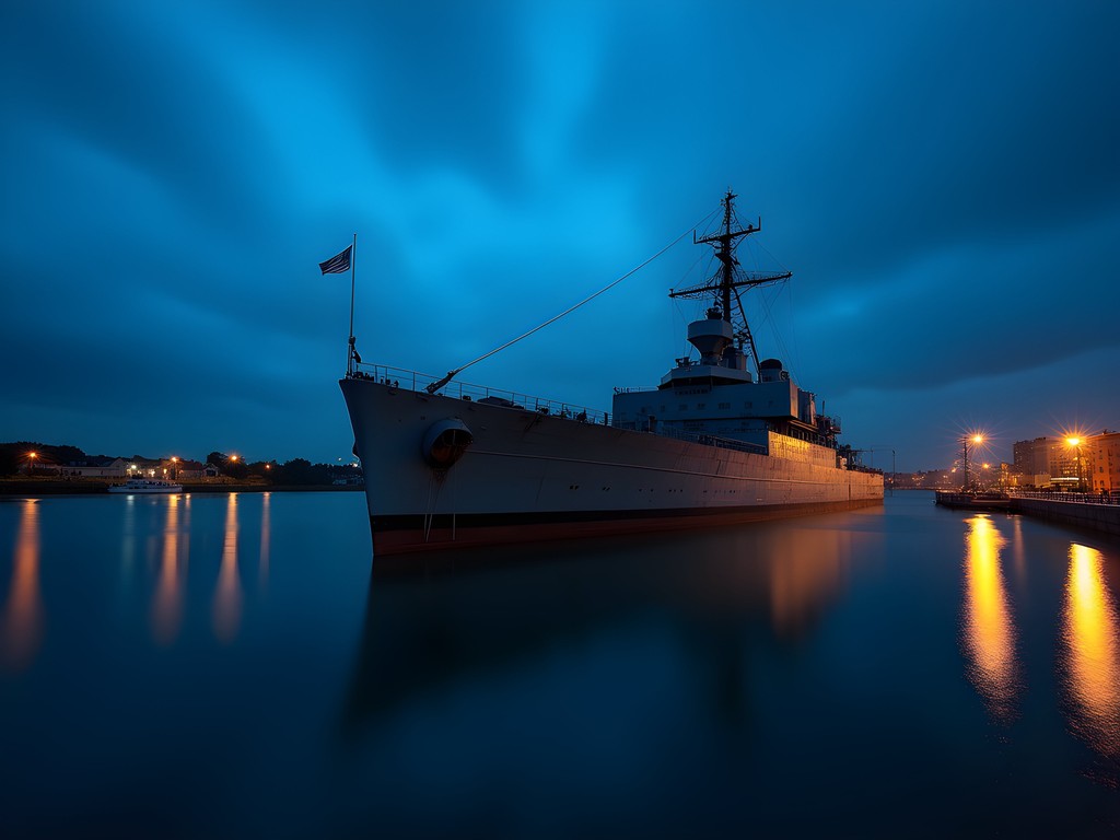 LST-325 naval ship silhouette during blue hour at Evansville riverfront
