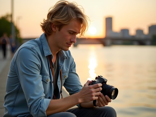 Solo travel photographer reviewing images at Evansville riverfront during golden hour