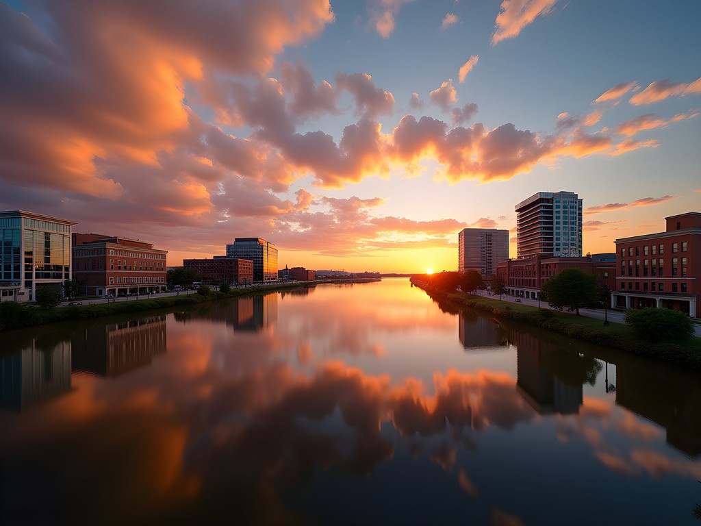 Evansville Indiana riverfront during golden hour with Ohio River reflections