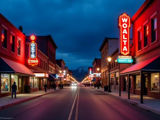 Historic Route 66 in downtown Flagstaff at dusk with neon signs illuminated