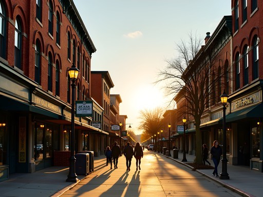 Historic Old Town Fort Collins at golden hour with Victorian architecture bathed in warm light