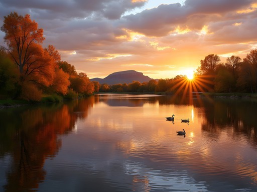 Sunset at Sheldon Lake in Fort Collins with perfect reflections of autumn trees and mountains
