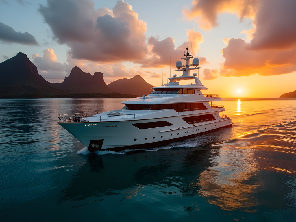 Luxury expedition yacht anchored in a secluded Galápagos bay at sunset