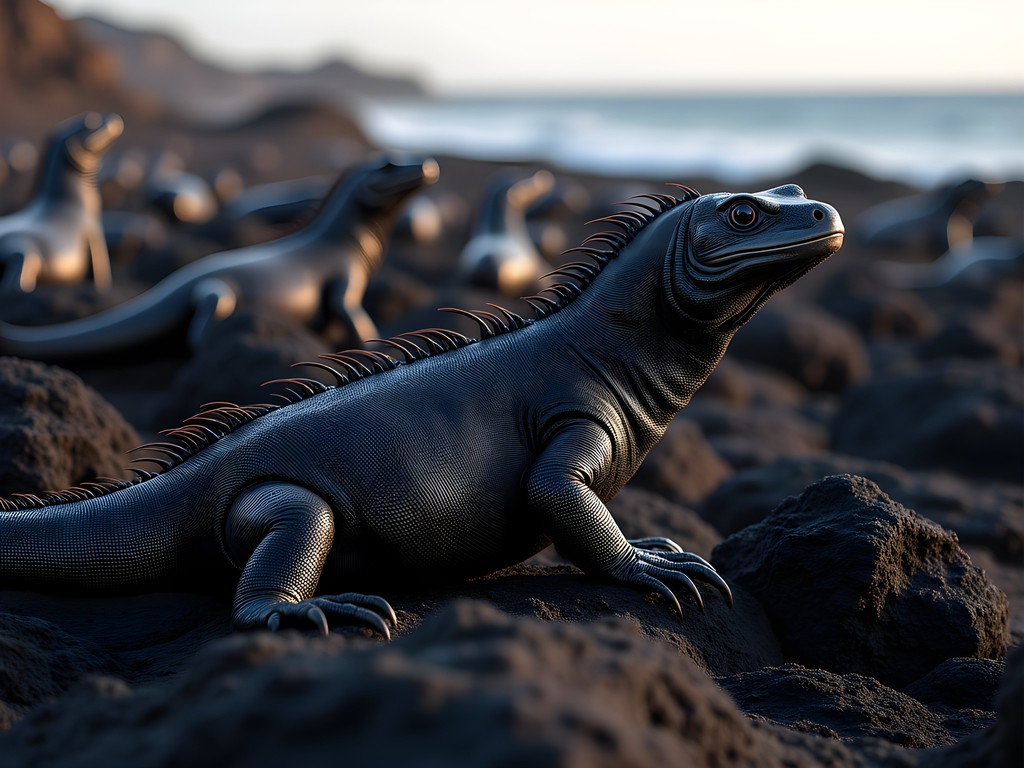 Large colony of marine iguanas basking on volcanic rocks at Fernandina Island, Galápagos