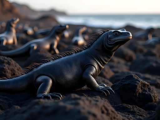 Large colony of marine iguanas basking on volcanic rocks at Fernandina Island, Galápagos