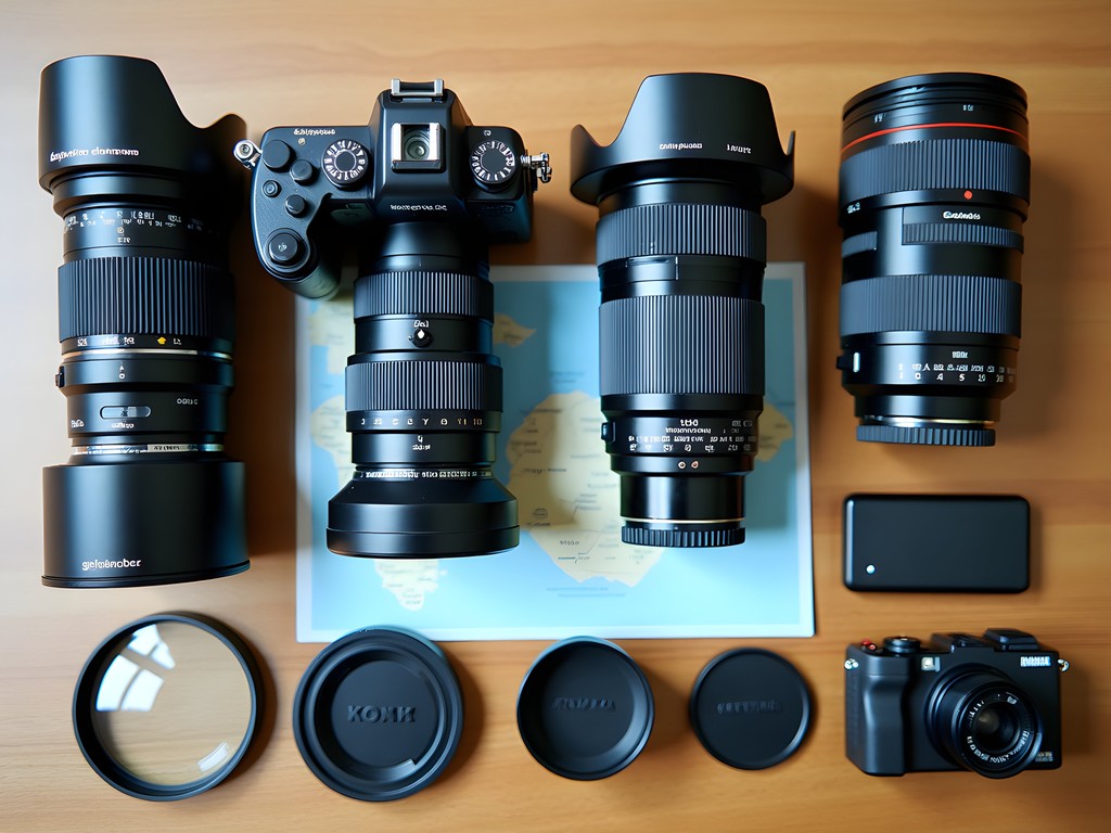 Professional camera equipment laid out for Galápagos wildlife photography expedition
