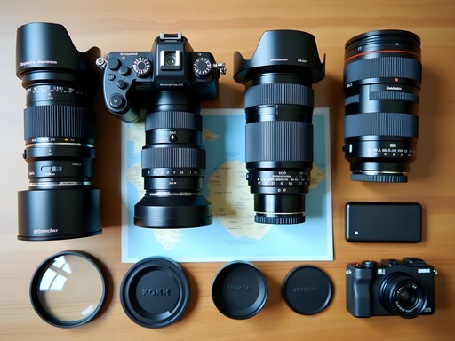 Professional camera equipment laid out for Galápagos wildlife photography expedition