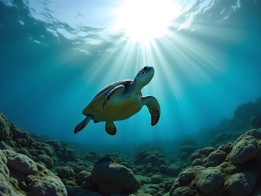 Underwater photography of Pacific green sea turtle swimming over volcanic reef in the Galápagos