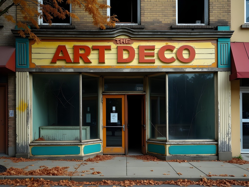 Abandoned Art Deco storefront on Broadway in Gary Indiana with faded signage