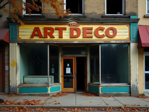 Abandoned Art Deco storefront on Broadway in Gary Indiana with faded signage